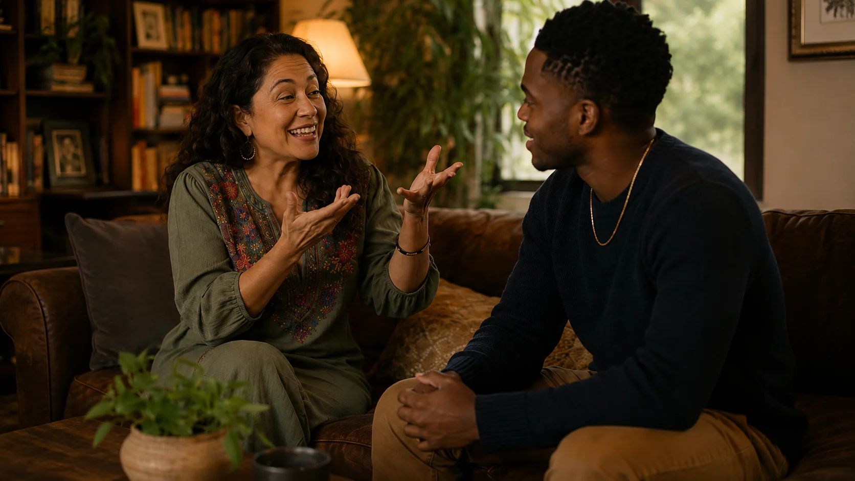 A woman speaking expressively with a man during a warm conversation on a sofa, illustrating how personality can come through in language.