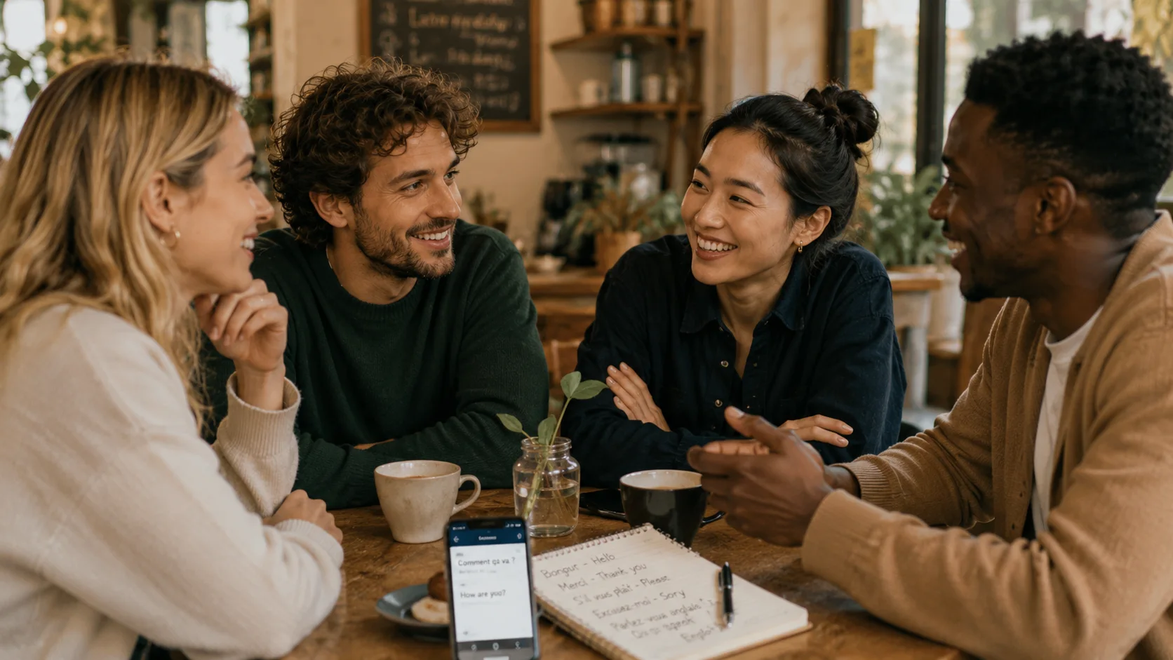 Four multilingual friends smiling and talking around a cafe table, with a language-learning app and a notebook of translated phrases in front of them.