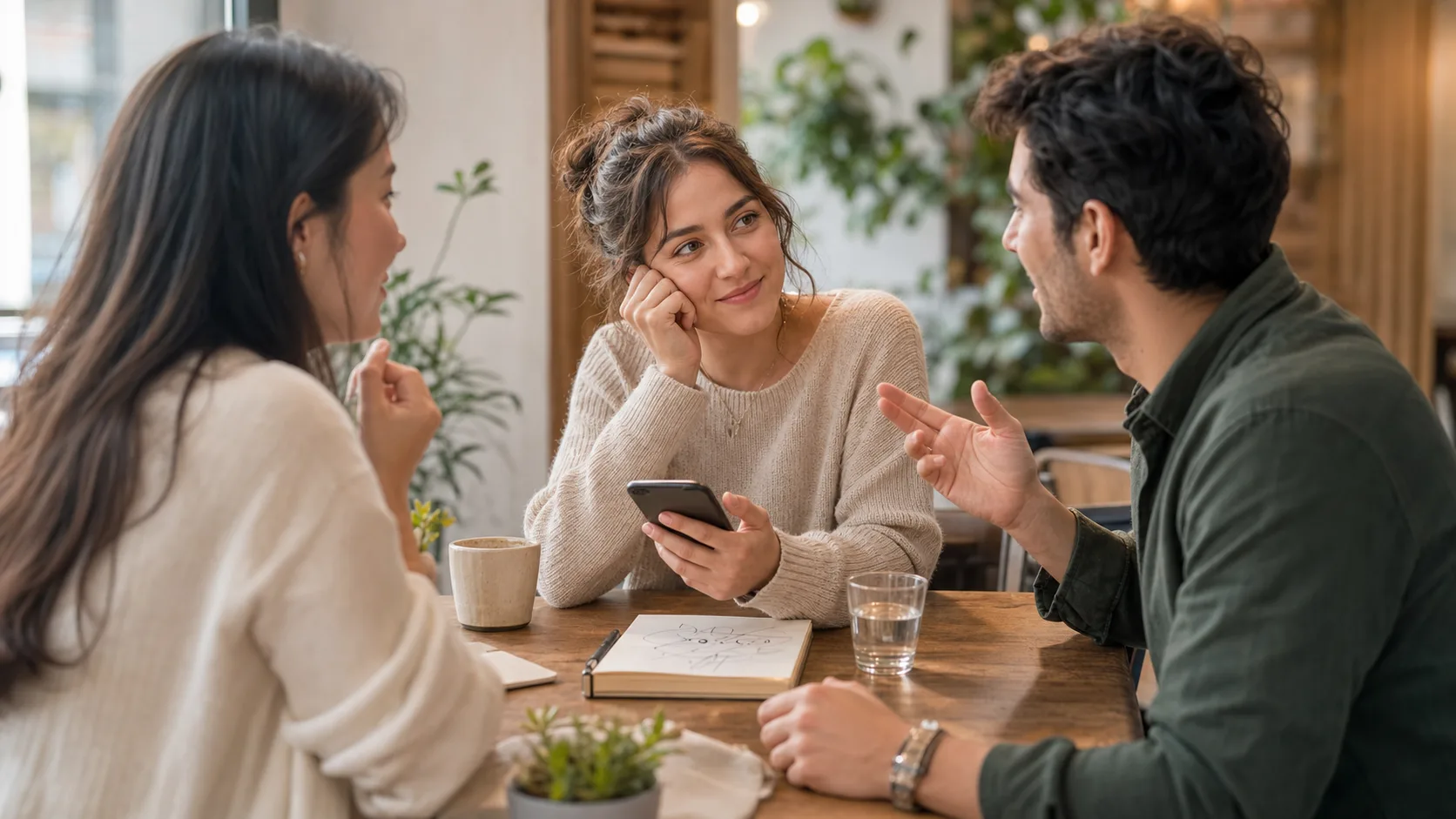 Three friends having a relaxed cafe conversation while one person pauses thoughtfully with a phone in hand.